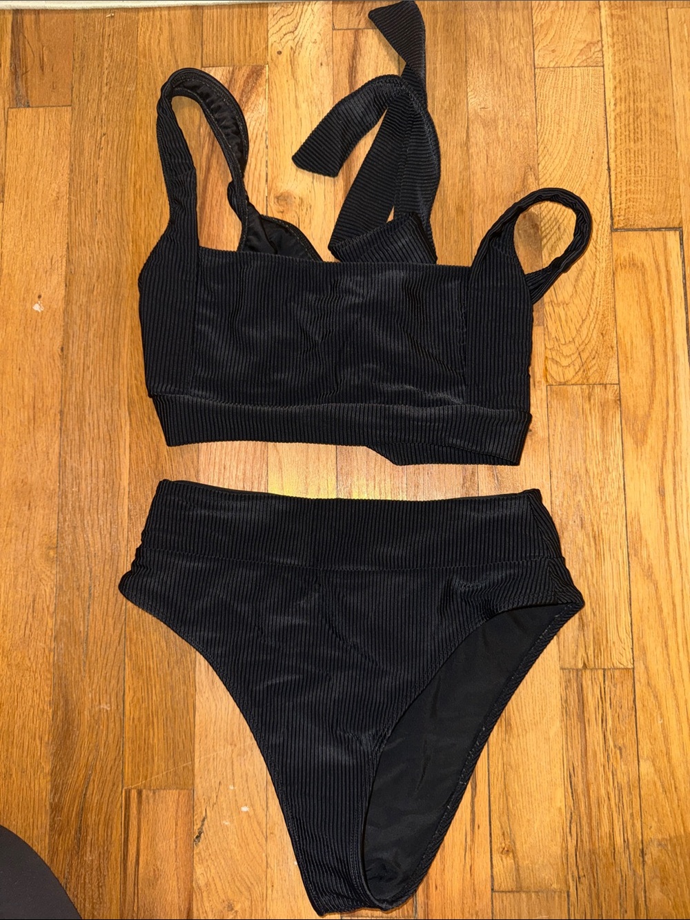 Lovers + Friends Black Ribbed Bandeau Bikini Set